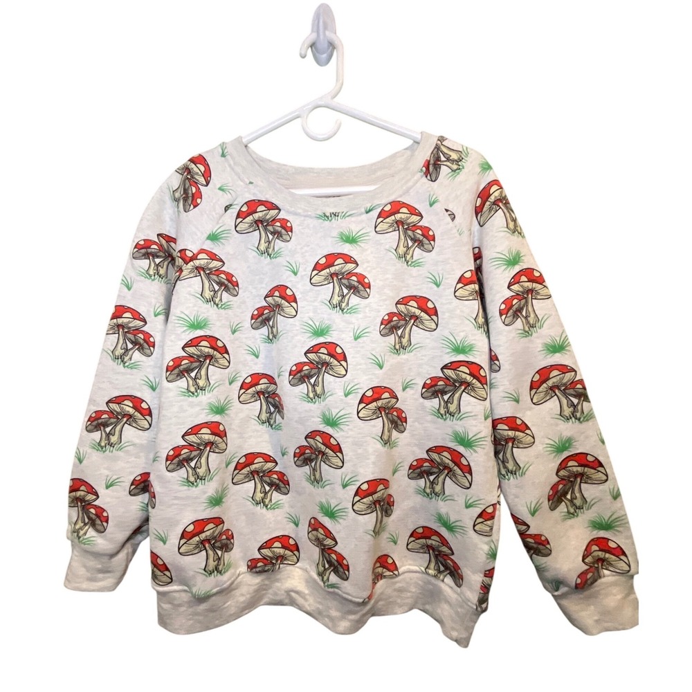 LA Soul Mushroom Print Sweatshirt‎ Womens Gray Red Toadstool Fleece Pullover L